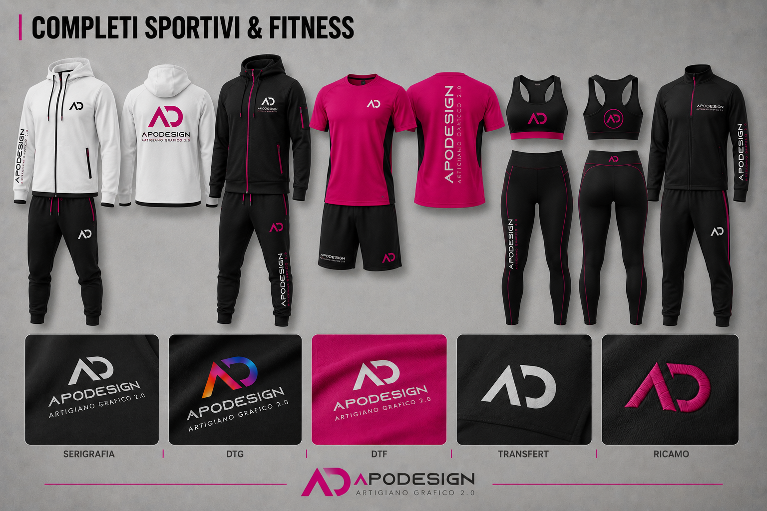 Mockup completo di abbigliamento sportivo e fitness personalizzato ApoDesign