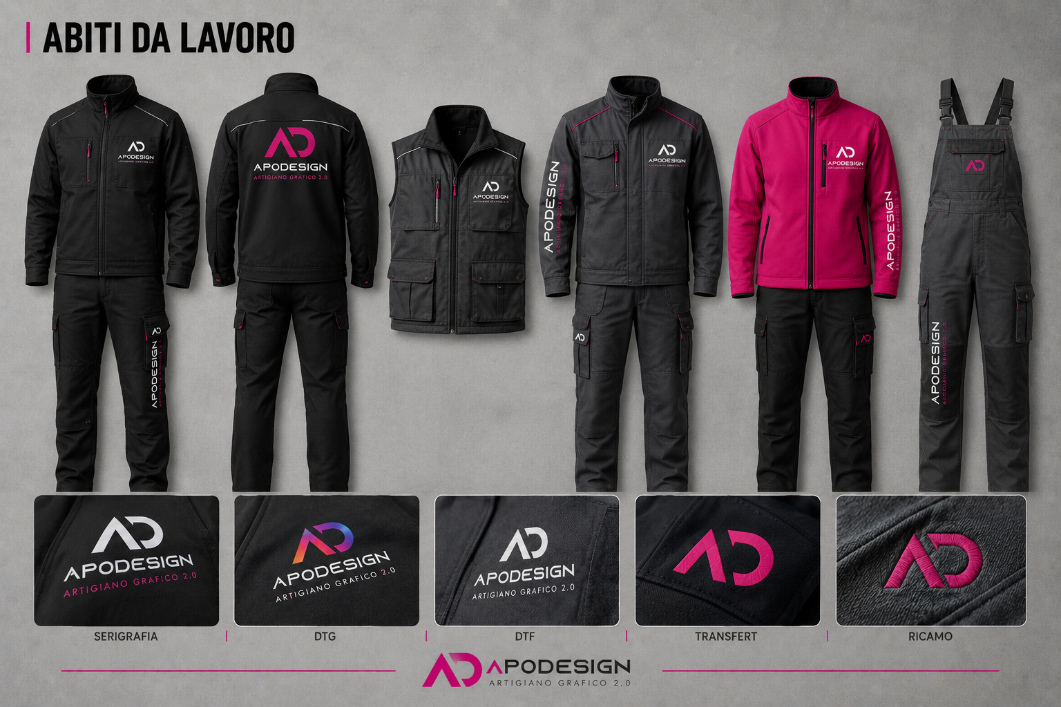 Mockup completo di abiti da lavoro personalizzati ApoDesign