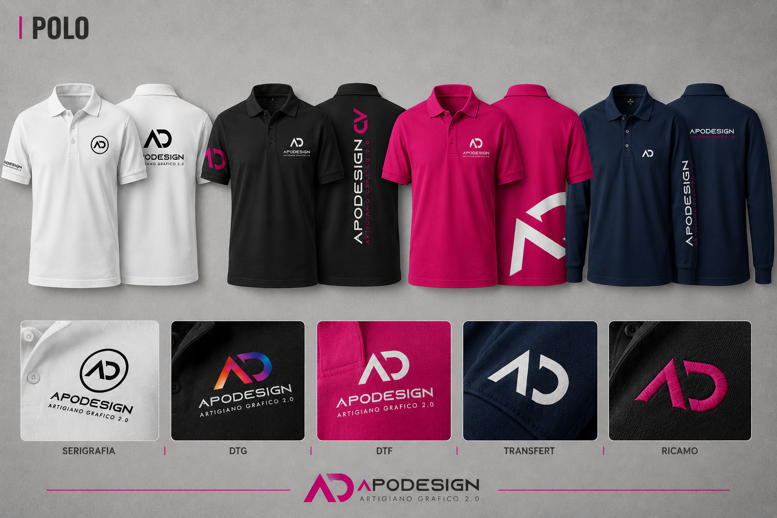 Mockup completo di polo personalizzate ApoDesign in vari colori e finiture