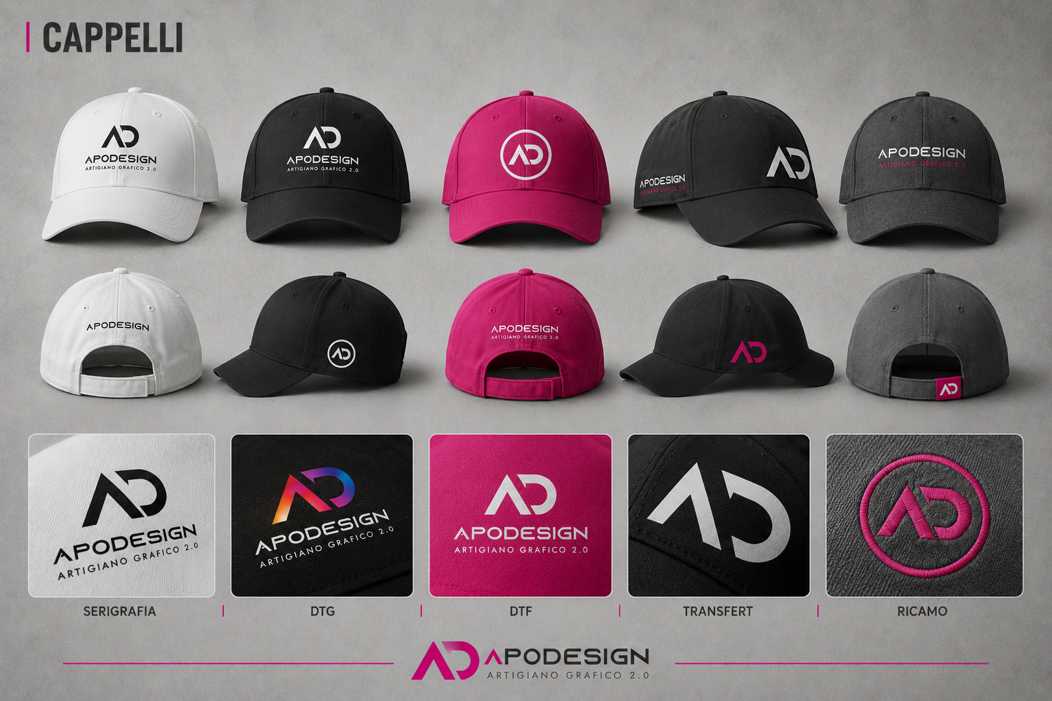 Mockup completo di cappelli personalizzati ApoDesign con ricamo e stampa