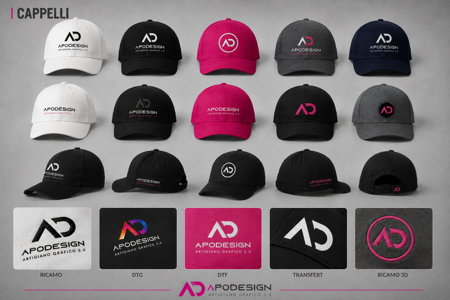 Mockup completo di cappelli personalizzati ApoDesign con ricamo e stampa