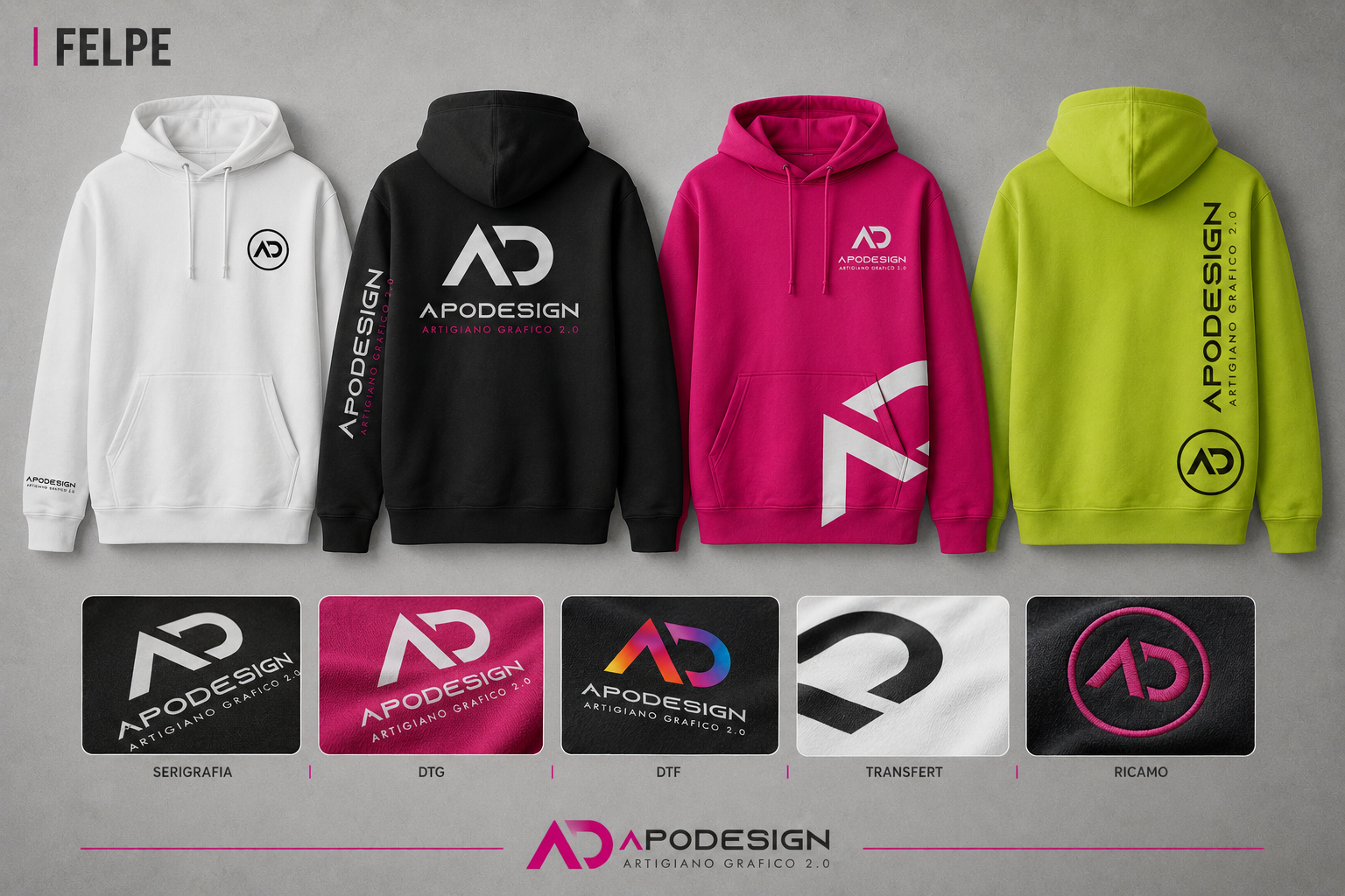Mockup completo di felpe personalizzate ApoDesign con diverse varianti grafiche