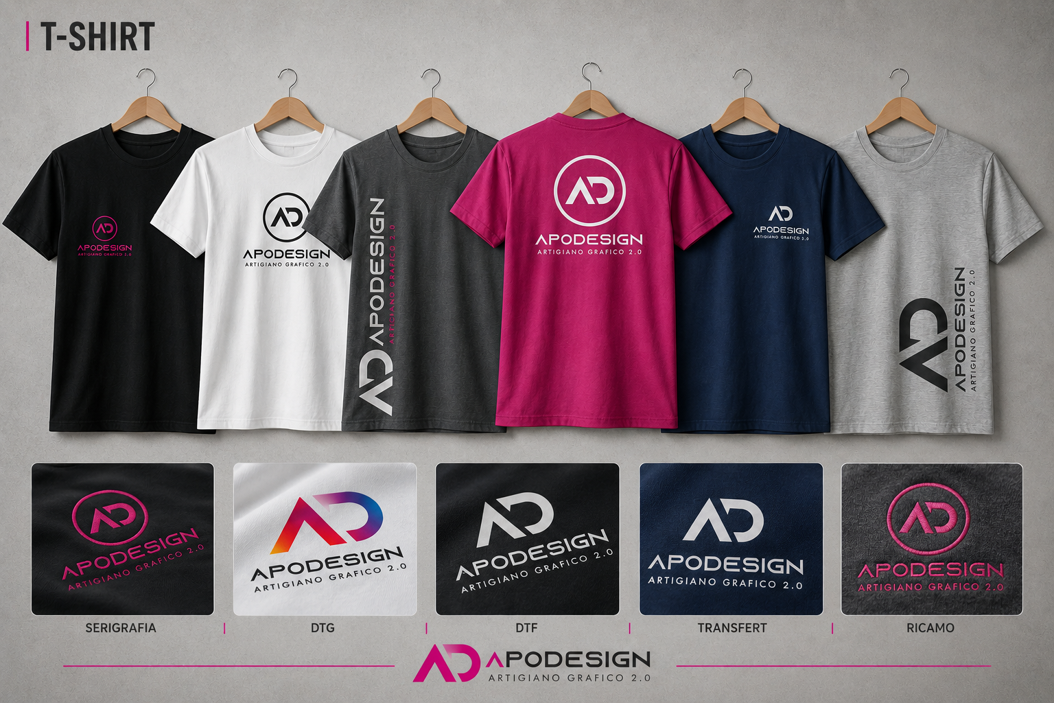 Mockup completo di t-shirt personalizzate ApoDesign in diversi colori e applicazioni di stampa