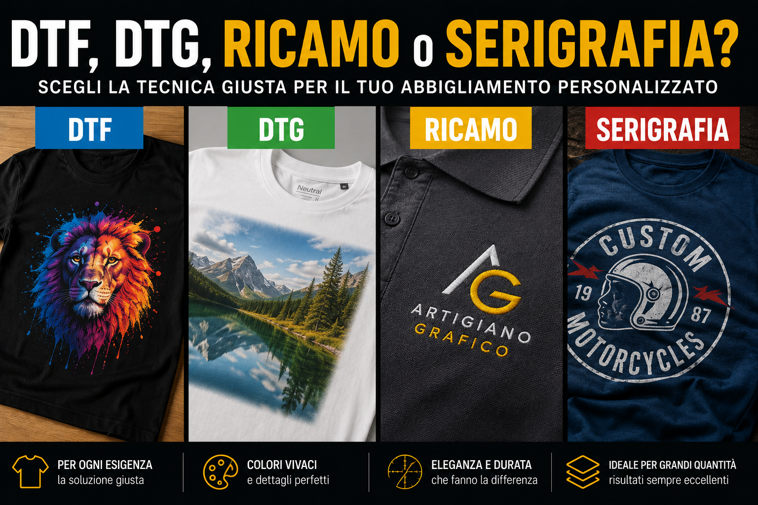 DTF, DTG, Ricamo o Serigrafia? Quale Tecnica Scegliere nel 2026